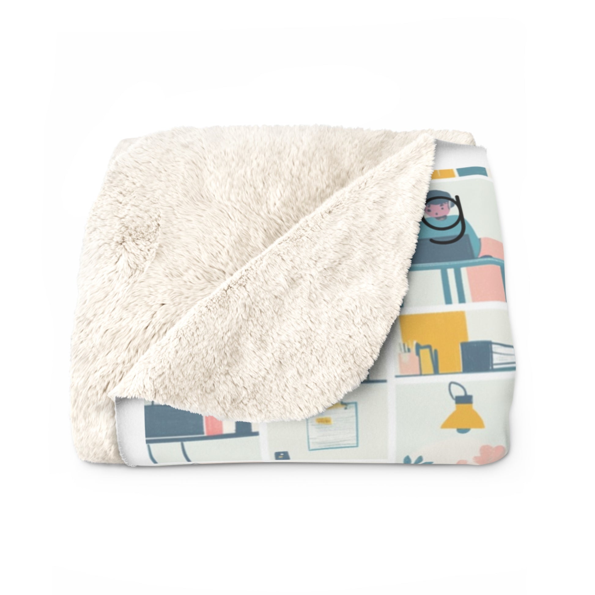 Luxurious Cat Moon Sherpa Fleece Blanket featuring a whimsical pastel-colored pattern with abstract cat designs on one side and plush cream-colored sherpa material on the reverse. Blanket is folded to show both decorative and sherpa surfaces, displaying soft texture and modern artistic print.