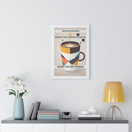 When Coffee Kicks In home office print featuring a geometric coffee mug in teal, coral, and orange on light beige background, displayed in white frame on wall above modern shelf with desk accessories and yellow lamp