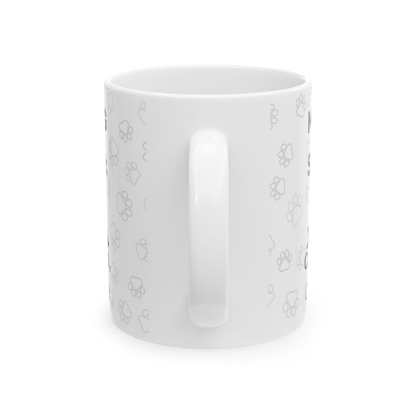 White ceramic CAT ON LAP Meeting Status mug featuring delicate paw print pattern, with standard handle. Mug displays minimalist design on a clean white background, perfect for remote workers with feline companions. Available in 11oz and 15oz sizes.