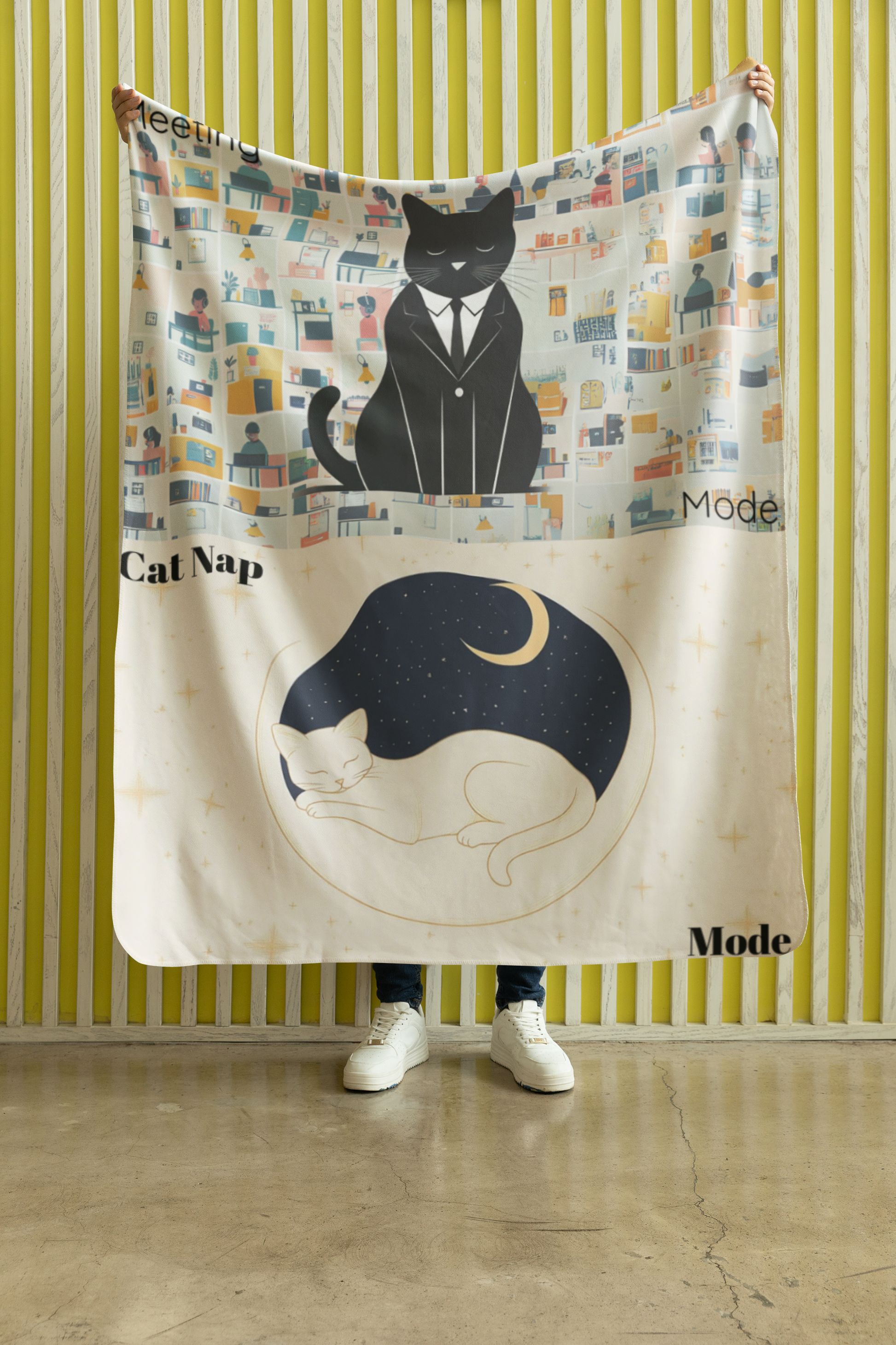 Luxurious Cat Moon Sherpa Fleece Blanket displayed against yellow striped wall, featuring dual cat designs - a black cat in business suit at top and sleeping white cat in moon circle below, surrounded by colorful geometric patterns. Blanket shown held up to display full pattern.