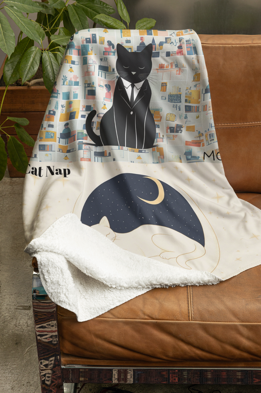 Luxurious Cat Moon Sherpa Fleece Blanket featuring dual design: sophisticated black cat in business suit against cityscape pattern and dreamy moon scene with sleeping cat silhouette, draped over brown leather couch showing plush white sherpa backing.